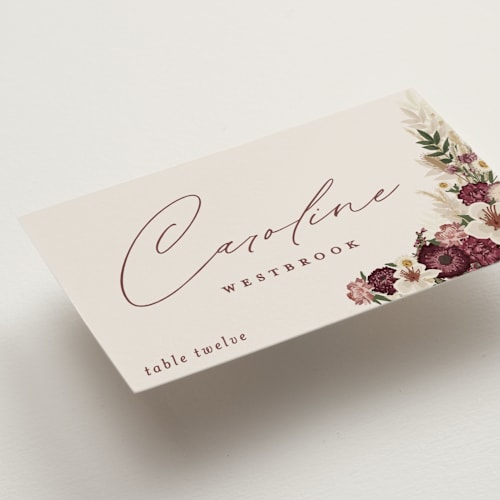 This is a cabernet wedding place cards with standard by Erin Deegan called dried floral wreath printing on signature in placecard