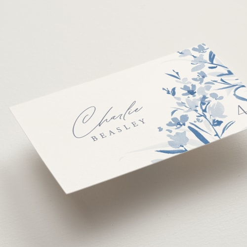 This is a cobalt wedding place cards with standard by Everett Paper Goods called fleur printing on signature in placecard
