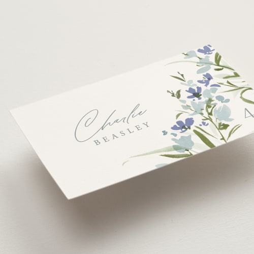 This is a aquamarine wedding place cards with standard by Everett Paper Goods called fleur printing on signature in placecard