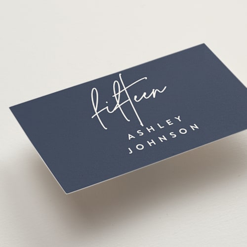 This is a navy wedding place cards with standard by JoAnn Jinks called marked printing on signature in placecard