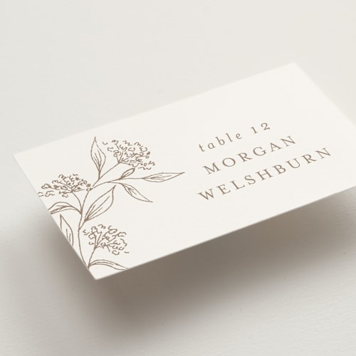 This is a taupe wedding place cards with standard by Chris Griffith called monogrammed printing on signature in placecard