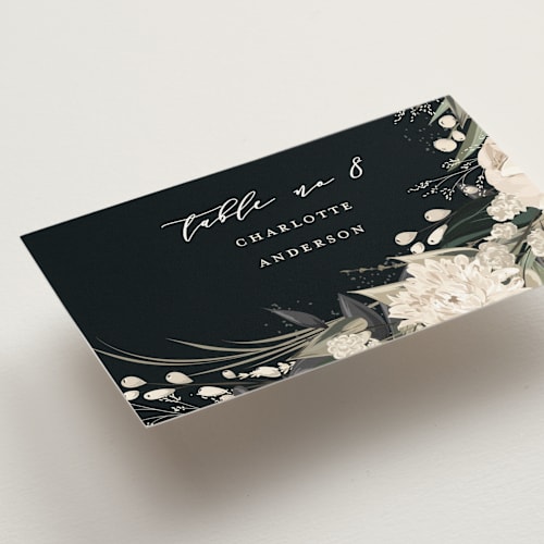 This is a midnight wedding place cards with standard by Susan Moyal called ivory ring printing on signature in placecard