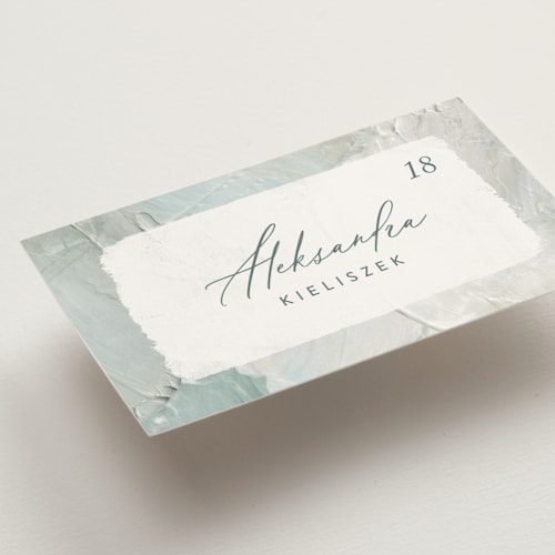 This is a aqua wedding place cards with standard by Hooray Creative called tidal wave printing on signature in placecard