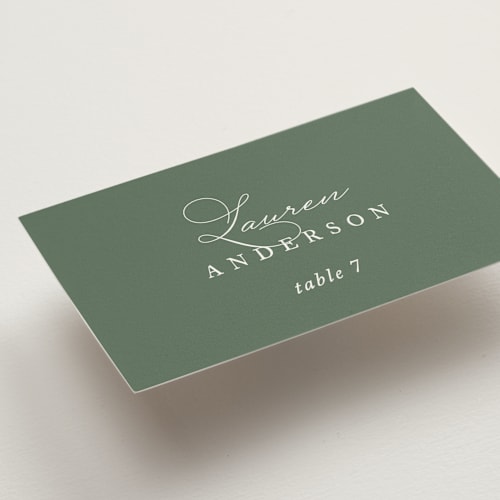 This is a sage wedding place cards with standard by Jennifer Postorino called initial printing on signature in placecard