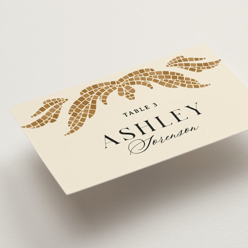 This is a sand wedding place cards with standard by GeekInk Design called floral mosaic printing on signature in placecard