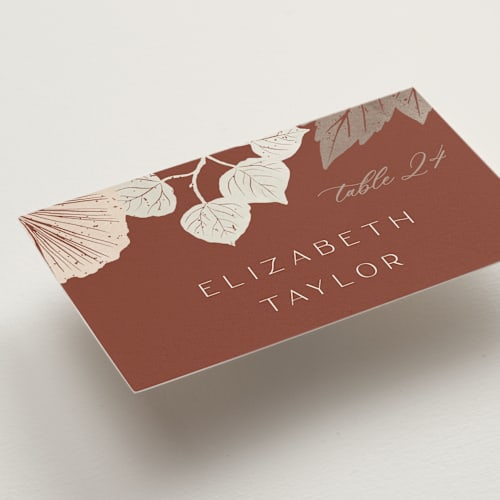 This is a latte wedding place cards with standard by Alethea and Ruth called leaf cascade printing on signature in placecard