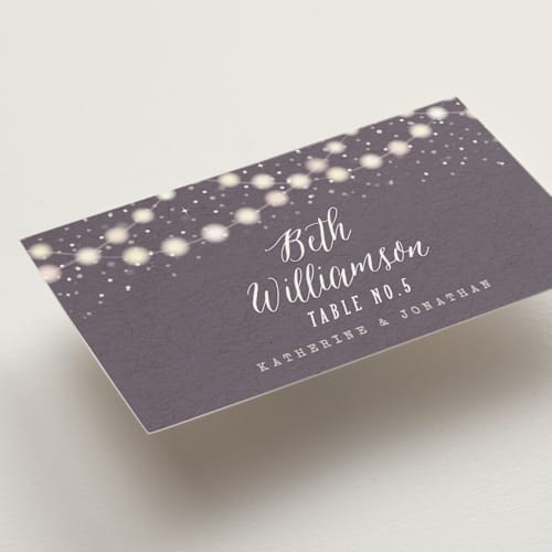 This is a plum wedding place cards with standard by Hooray Creative called garden lights printing on signature in placecard