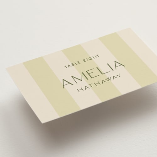 This is a lime wedding place cards with standard by Ellen Schlegelmilch called palmetto printing on signature in placecard