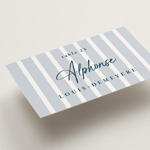 This is a powder blue wedding place cards with standard by chocomocacino called melihrolo printing on signature in placecard