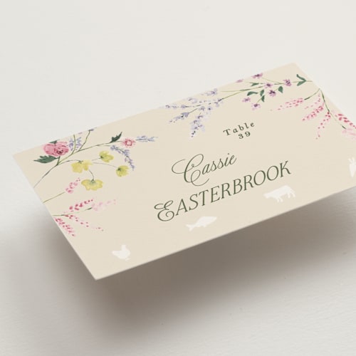 This is a english garden wedding place cards with standard by Phrosné Barwood called whimsey floral printing on signature in placecard