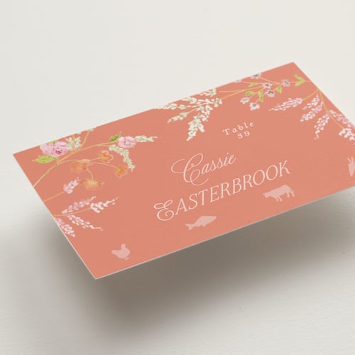This is a verona sunset wedding place cards with standard by Phrosné Barwood called whimsey floral printing on signature in placecard