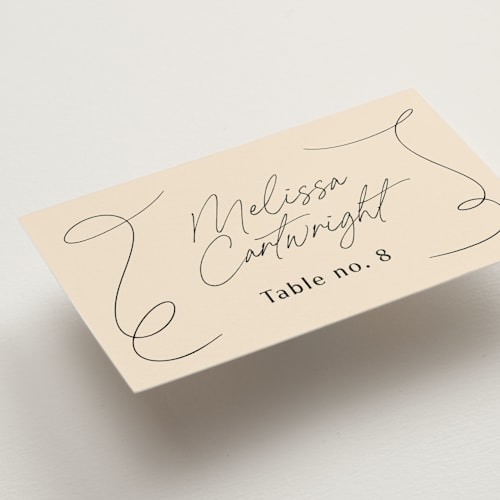 This is a champagne wedding place cards with standard by Wallace Design Co. called french whimsy script printing on signature in placecard