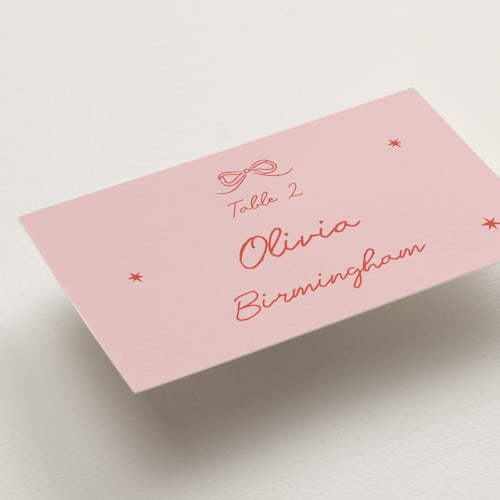 This is a peach wedding place cards with standard by Helena Vitto called the bird song printing on signature in placecard