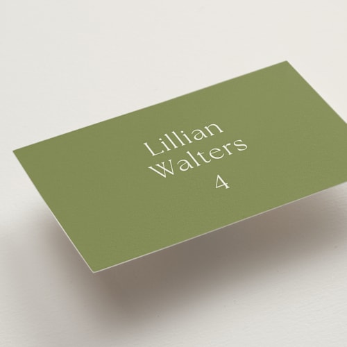 This is a moss wedding place cards with standard by Megan Davis called perriand printing on signature in placecard