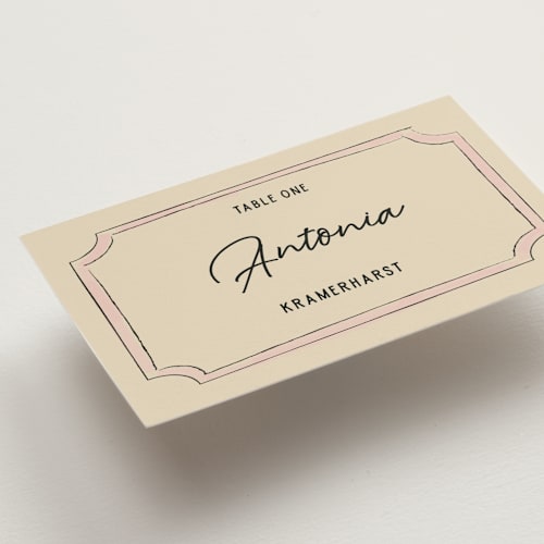 This is a linen wedding place cards with standard by Helena Vitto called modern fairy tale printing on signature in placecard
