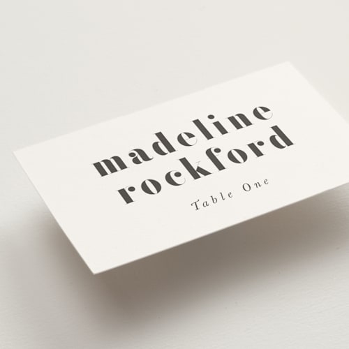 This is a charcoal wedding place cards with standard by Lori Wemple called monogram square printing on signature in placecard
