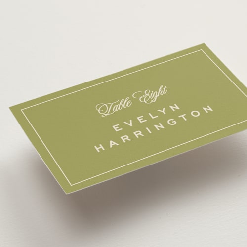 This is a olive wedding place cards with standard by Ellen Schlegelmilch called rory printing on signature in placecard