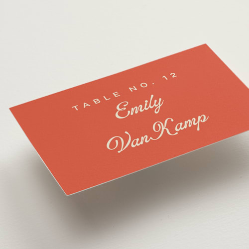 This is a tangerine wedding place cards with standard by Alethea and Ruth called modern bold printing on signature in placecard