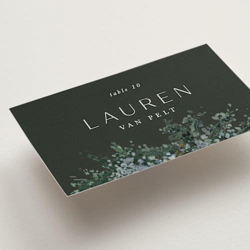 This is a emerald wedding place cards with standard by Kate Ahn called juniper printing on signature in placecard