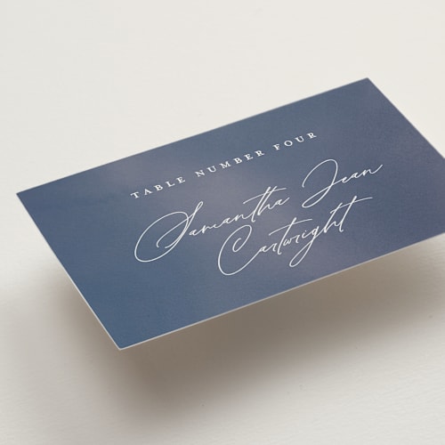 This is a delphinium wedding place cards with standard by Ashley DeMeyere called nouveau frame printing on signature in placecard