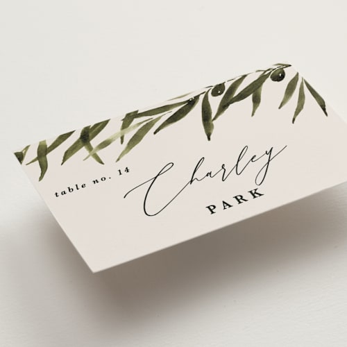 This is a creme wedding place cards with standard by Kate Ahn called tuscan hill printing on signature in placecard