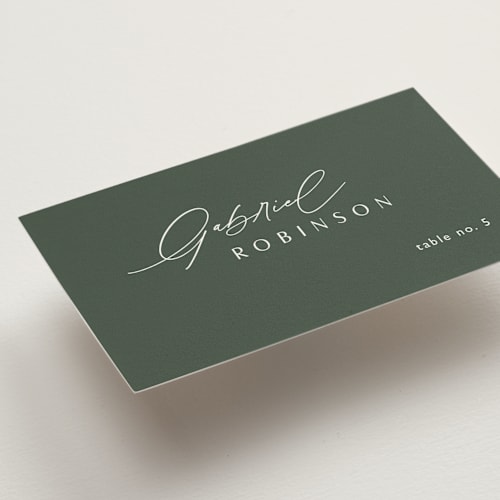 This is a forest wedding place cards with standard by Kelly Schmidt called flip printing on signature in placecard