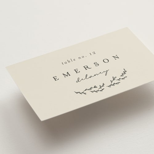 This is a almond wedding place cards with standard by Brianne Larsen called branched printing on signature in placecard