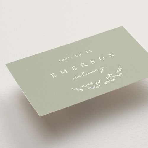 This is a sage wedding place cards with standard by Brianne Larsen called branched printing on signature in placecard