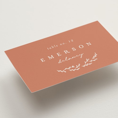 This is a terracotta wedding place cards with standard by Brianne Larsen called branched printing on signature in placecard