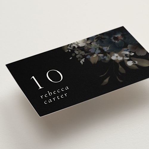 This is a midnight wedding place cards with standard by Grace Kreinbrink called vintage botanical printing on signature in placecard