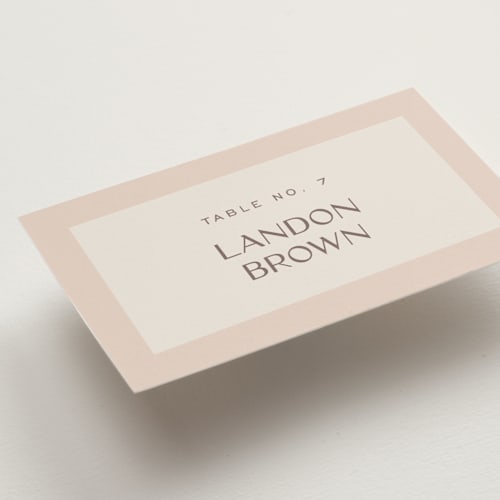 This is a blush wedding place cards with standard by Pixel and Hank called salted printing on signature in placecard