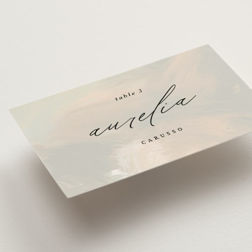 This is a dove wedding place cards with standard by Olivia Kanaley Inman called daybreak printing on signature in placecard