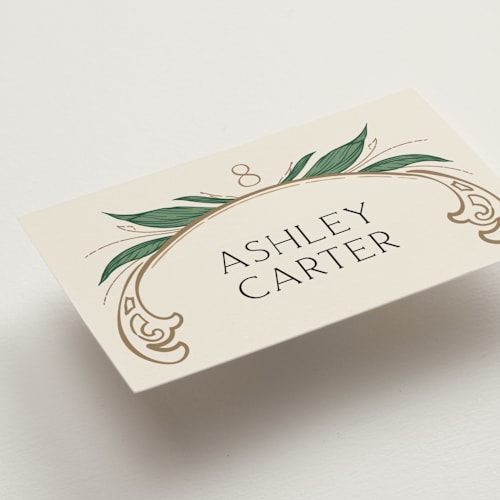This is a almond wedding place cards with standard by GeekInk Design called charming printing on signature in placecard