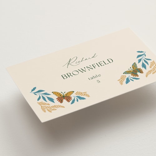 This is a sunset wedding place cards with standard by Jen Owens called flutter printing on signature in placecard
