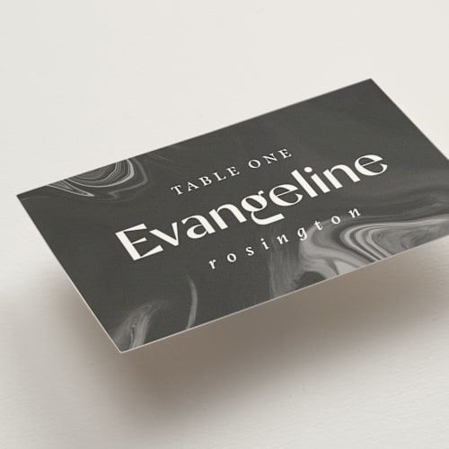This is a iron wedding place cards with standard by Kimberley Henze called marbled agate printing on signature in placecard