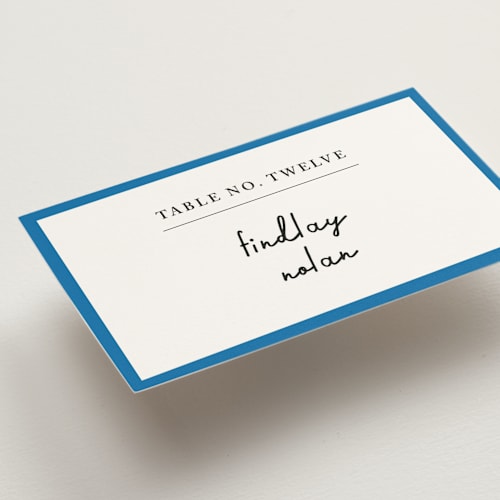 This is a cobalt wedding place cards with standard by mo kelley called swirl frame printing on signature in placecard