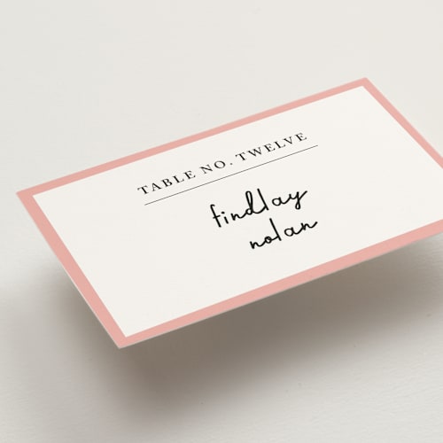 This is a galant wedding place cards with standard by mo kelley called swirl frame printing on signature in placecard