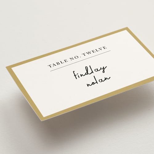 This is a butterscotch wedding place cards with standard by mo kelley called swirl frame printing on signature in placecard