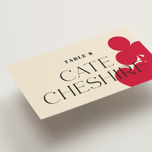 This is a ruby wedding place cards with standard by Baumbirdy called pair of hearts from disney's alice in wonderland printing on signature in placecard