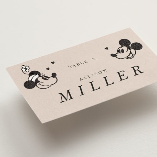 This is a retro wedding place cards with standard by Sumak Studio called disney's retro mickey mouse and minnie mouse printing on signature in placecard