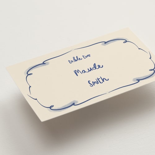 This is a marseille blue wedding place cards with standard by Ani Somi called santa catalina printing on signature in placecard