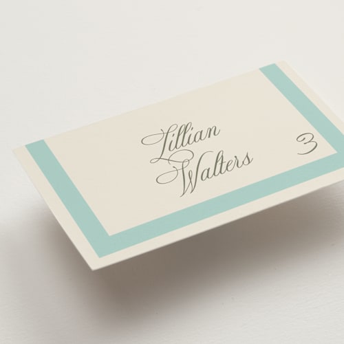 This is a haint blue wedding place cards with standard by Megan Davis called montauk printing on signature in placecard