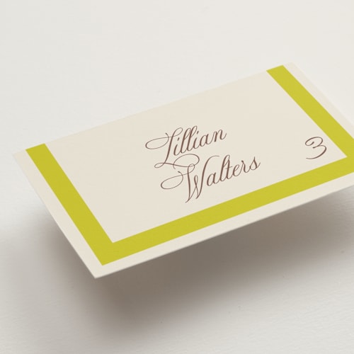 This is a citrus wedding place cards with standard by Megan Davis called montauk printing on signature in placecard