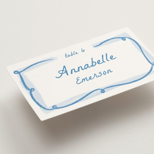 This is a blu wedding place cards with standard by Pati Cascino called giardino printing on signature in placecard