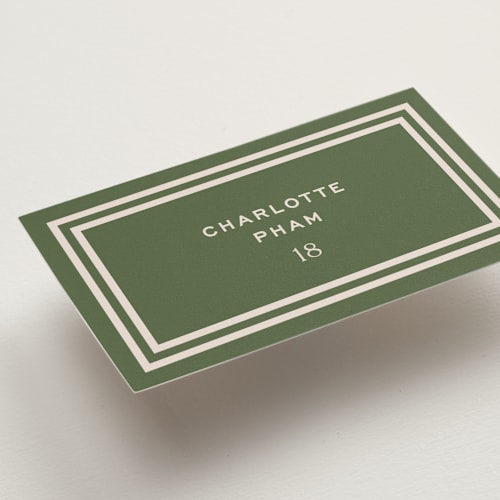 This is a fern wedding place cards with standard by Megan Davis called racquet printing on signature in placecard