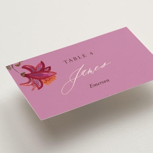 This is a ivory wedding place cards with standard by Caroline Bonne Muller called indian floral chintz lush printing on signature in placecard