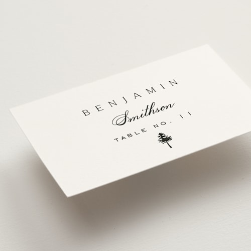 This is a cotton wedding place cards with standard by Amy Kross called aspen knoll printing on signature in placecard