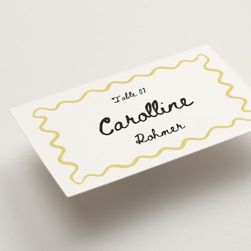 This is a nero wedding place cards with standard by Helena Vitto called amore mio printing on signature in placecard