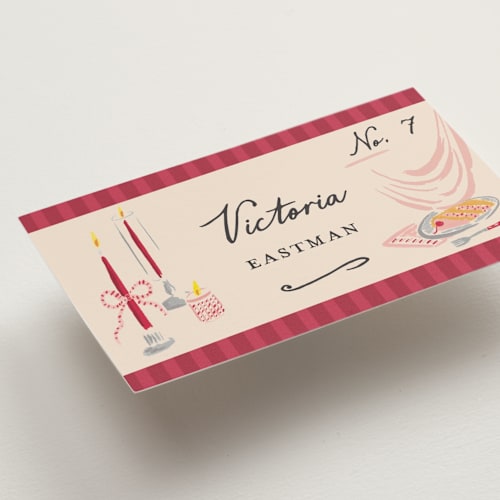 This is a cherry wedding place cards with standard by Sarah Rosenthal called velvet cherry printing on signature in placecard