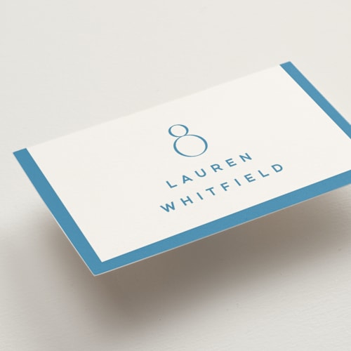 This is a cerulean wedding place cards with standard by Kristie Kern called the emma printing on signature in placecard